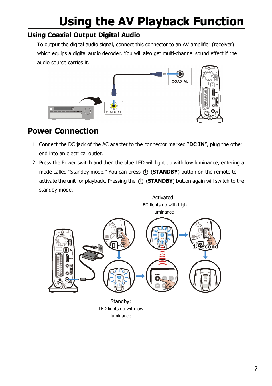 Using the av playback function, Power connection | Mobile Video HDD HV356T User Manual | Page 11 / 48