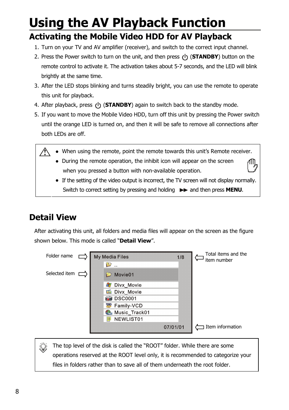 Using the av playback function, Activating the mobile video hdd for av playback, Detail view | Mobile Video HDD HV356T User Manual | Page 12 / 48