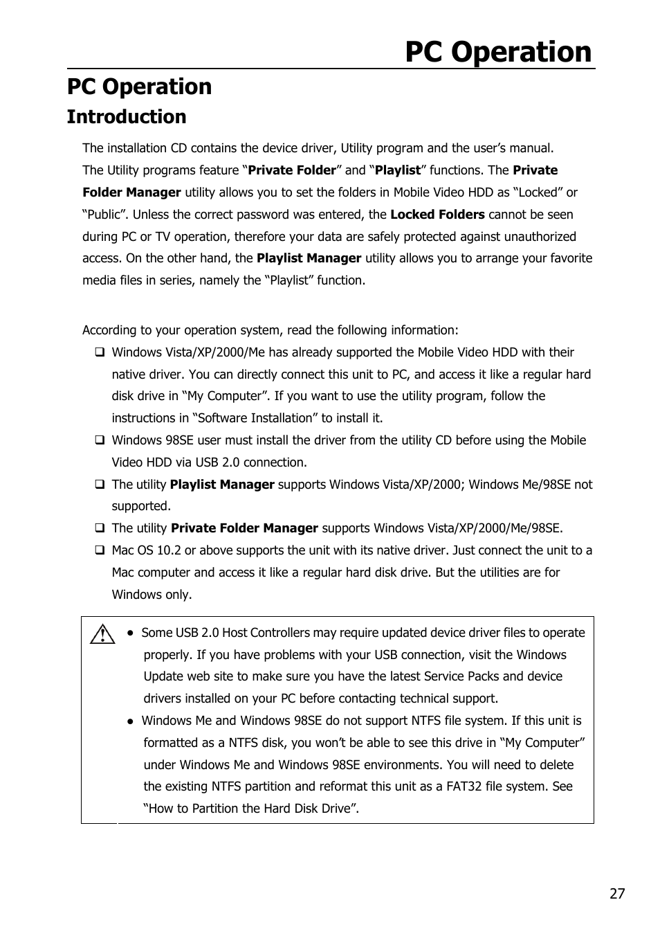 Pc operation, Introduction | Mobile Video HDD HV356T User Manual | Page 31 / 48