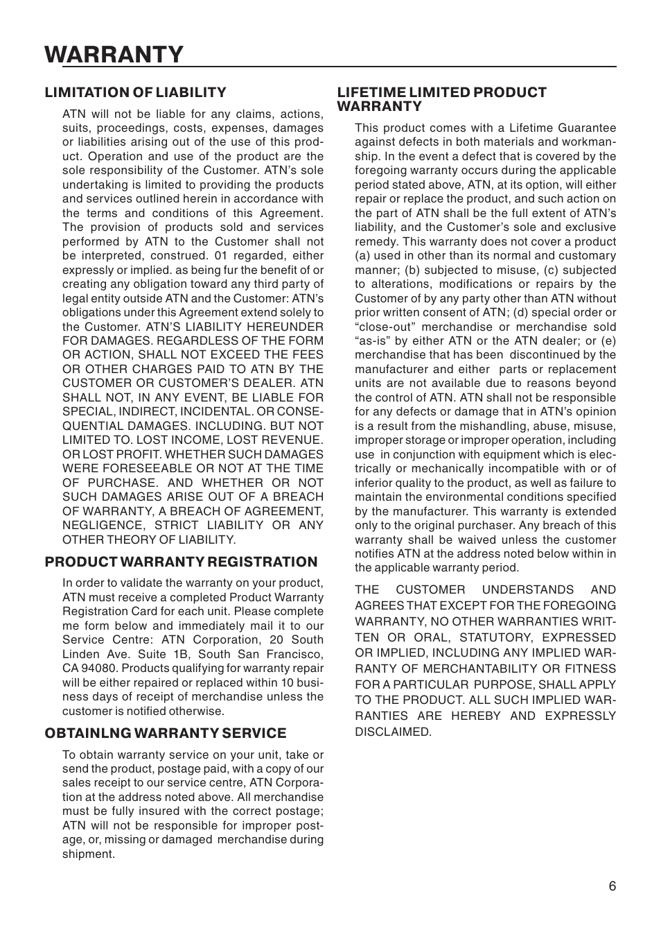 Warranty | ATN S.W.A.T. ATN 4X12 User Manual | Page 7 / 8