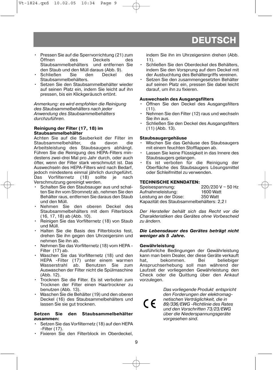 Deutsch | Vitek VT-1824 User Manual | Page 9 / 44