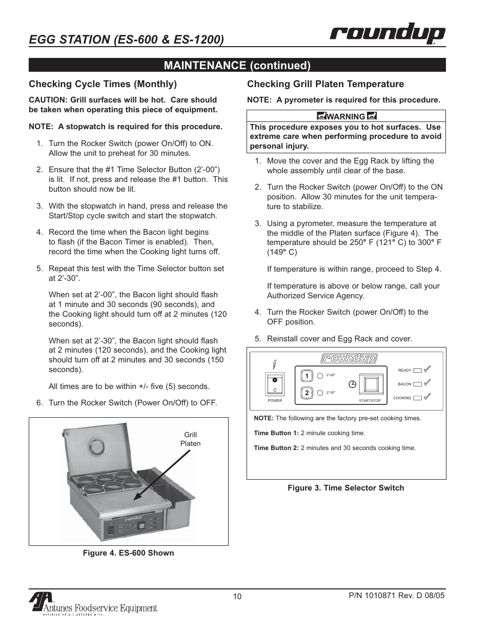 Maintenance (continued), Checking grill platen temperature, Checking cycle times (monthly) | Antunes, AJ 9300584 User Manual | Page 10 / 16
