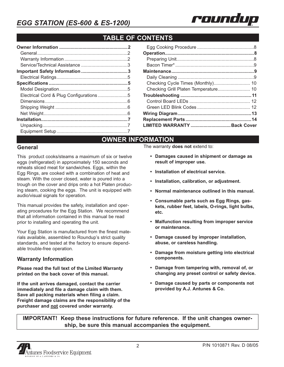 Owner information table of contents | Antunes, AJ 9300584 User Manual | Page 2 / 16