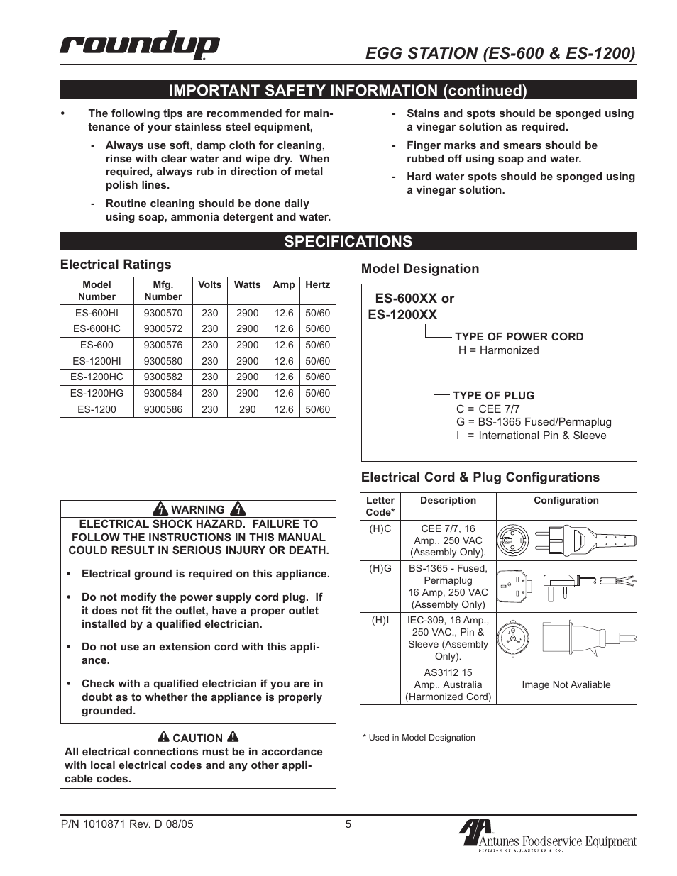 Specifications, Important safety information (continued), Electrical ratings model designation | Antunes, AJ 9300584 User Manual | Page 5 / 16