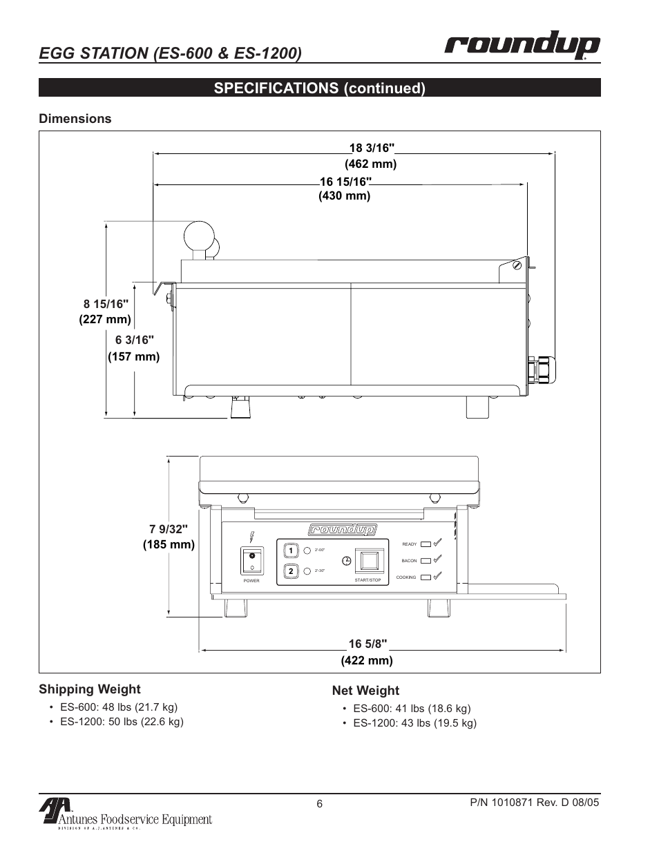 Specifications (continued), Net weight, Dimensions shipping weight | Antunes, AJ 9300584 User Manual | Page 6 / 16