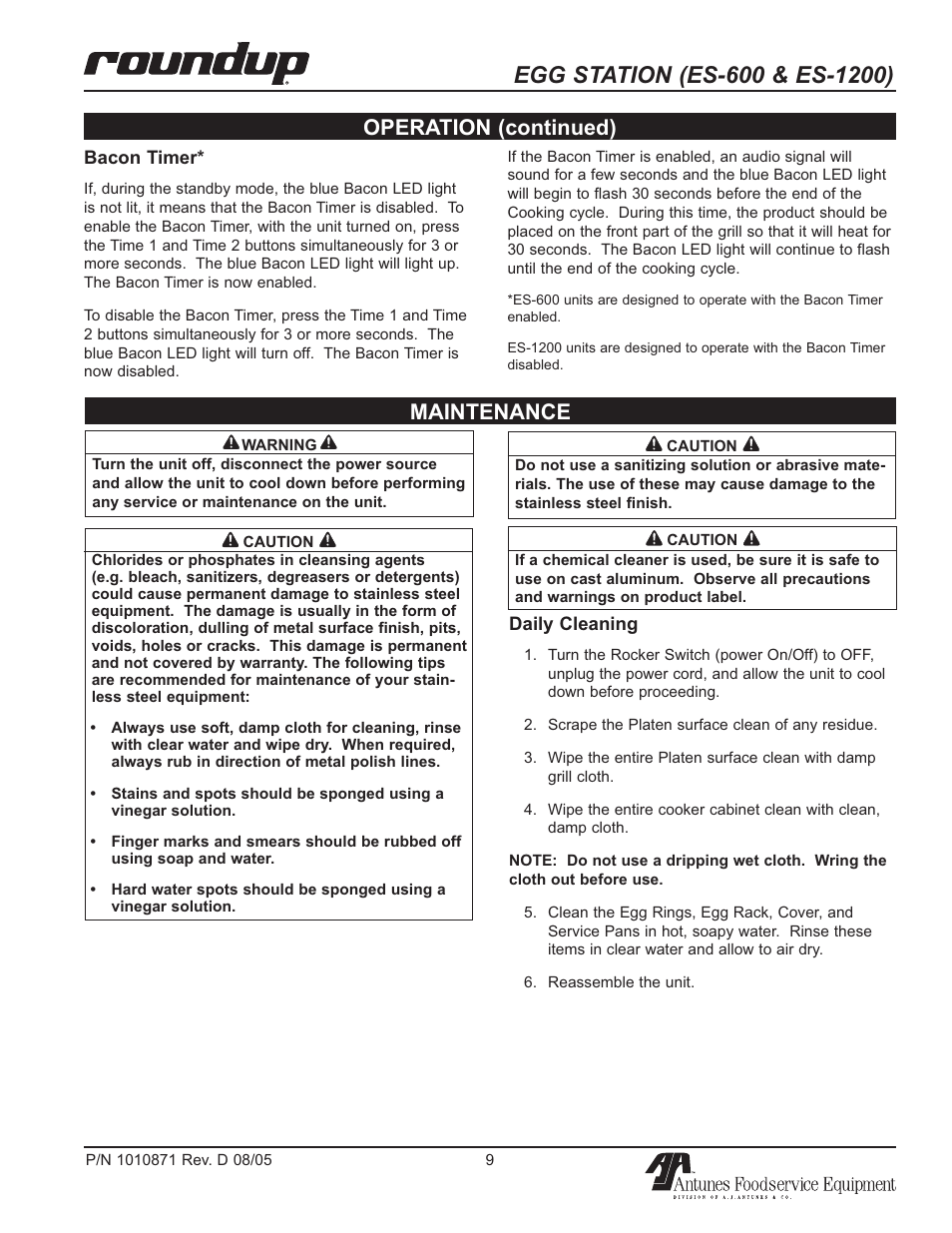 Maintenance, Operation (continued) | Antunes, AJ 9300584 User Manual | Page 9 / 16