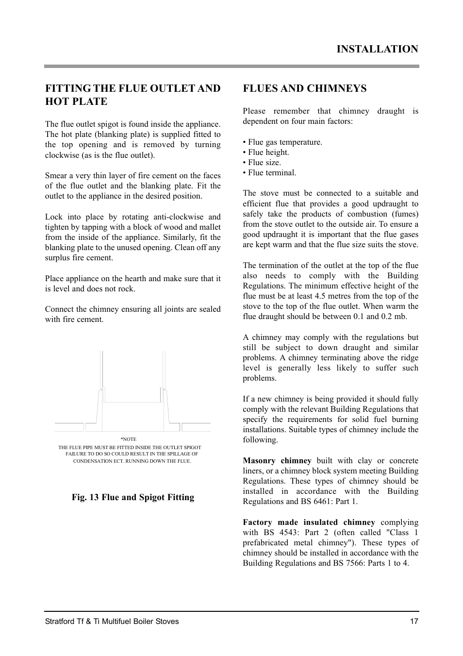 Installation fitting the flue outlet and hot plate, Flues and chimneys | Aarrow Fires Stratford Ti User Manual | Page 17 / 36