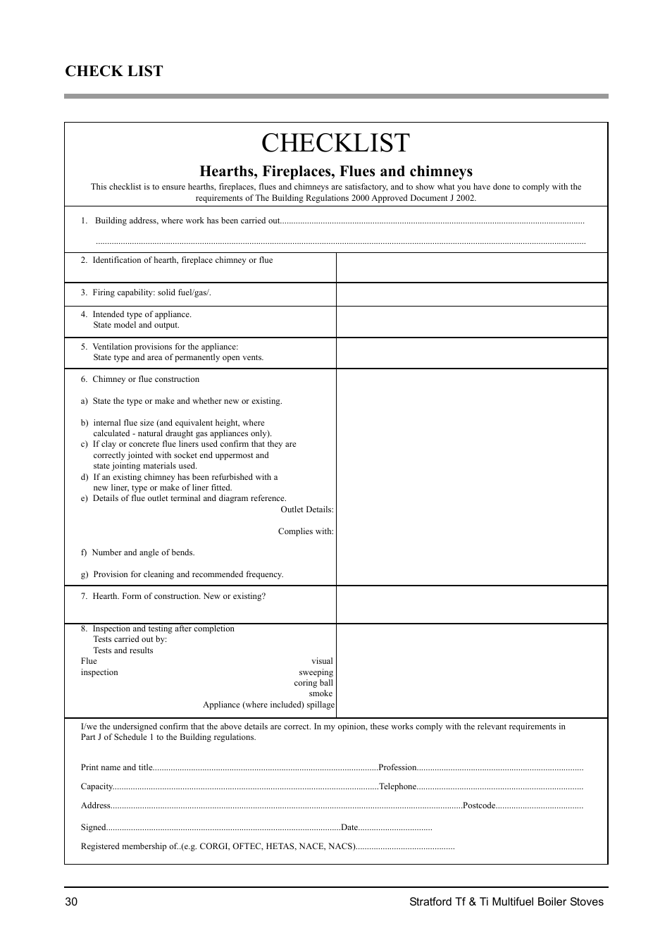Checklist, Check list, Hearths, fireplaces, flues and chimneys | Aarrow Fires Stratford Ti User Manual | Page 30 / 36