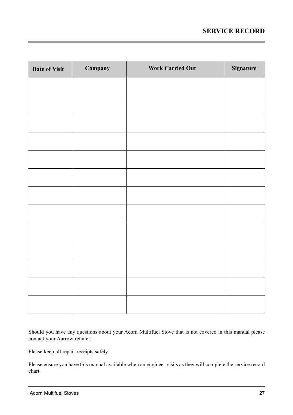 Service record | Aarrow Fires Tf 70 User Manual | Page 27 / 28