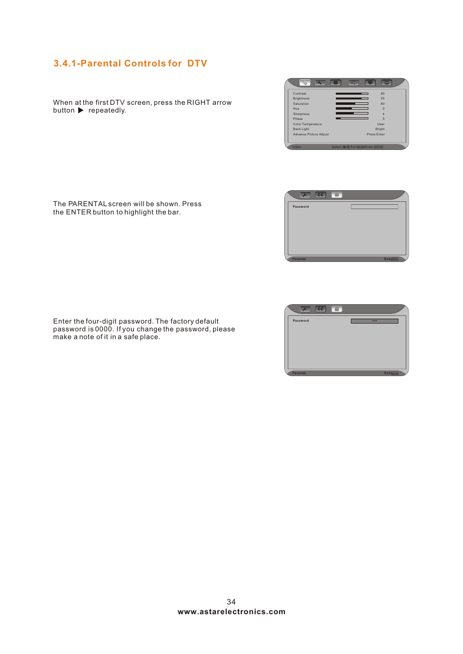Т³гж 34, Parental controls for dtv | ASTAR ASTAR 27''HDTV User Manual | Page 34 / 52