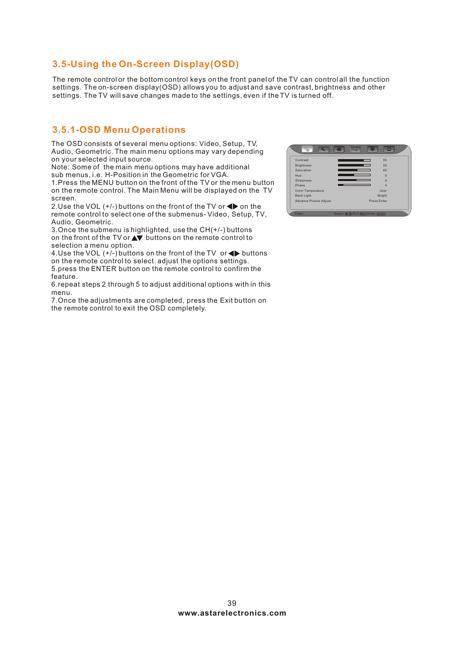 Т³гж 39, Using the on-screen display(osd), Osd menu operations | ASTAR ASTAR 27''HDTV User Manual | Page 39 / 52