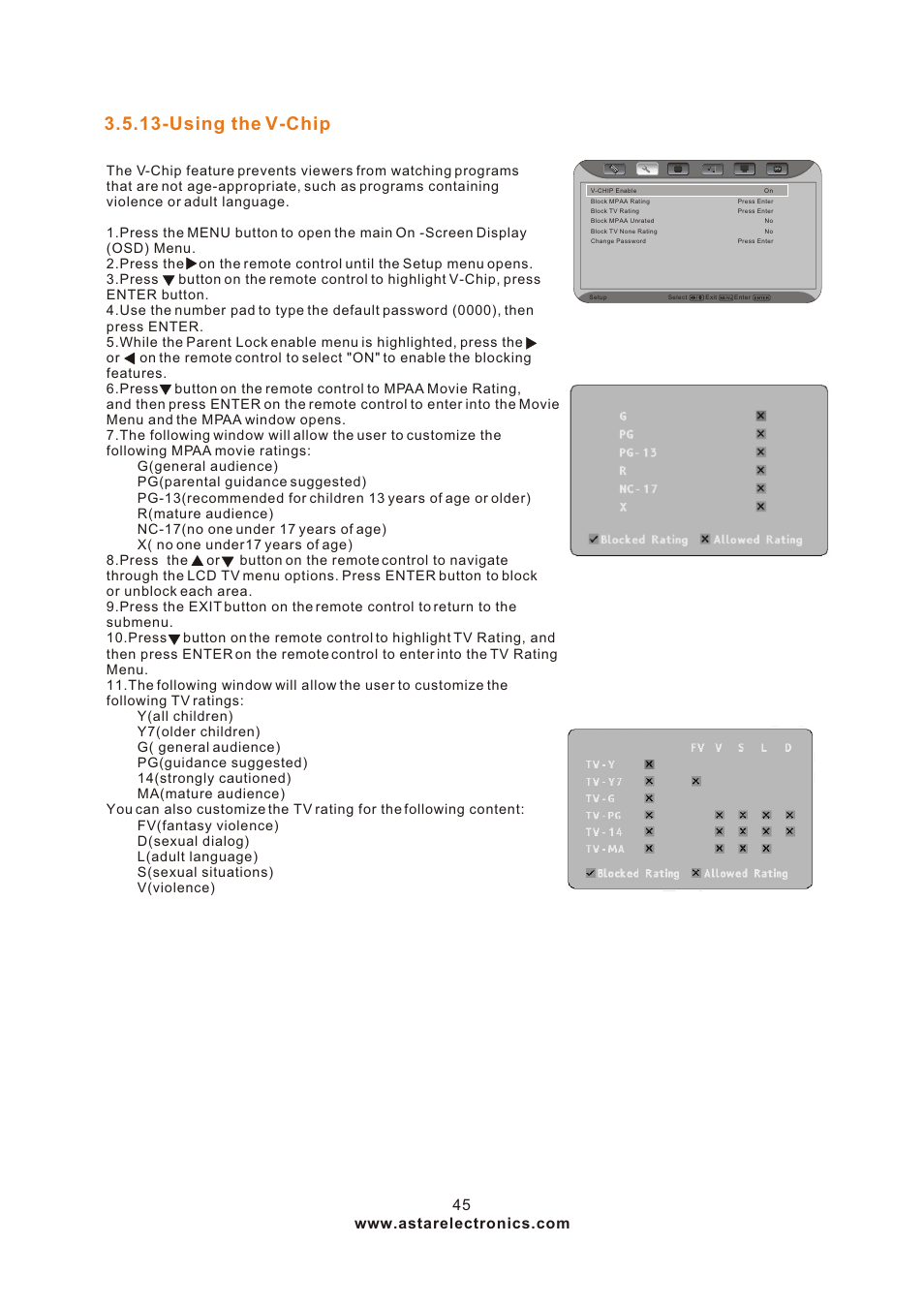 Т³гж 45, Using the v-chip | ASTAR ASTAR 27''HDTV User Manual | Page 45 / 52
