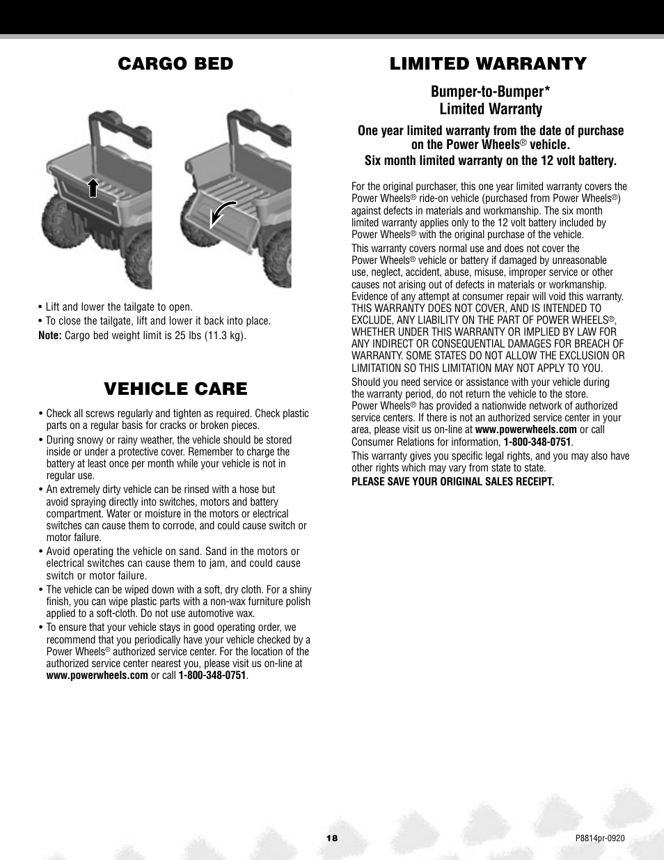 Cargo bed, Limited warranty vehicle care, Bumper-to-bumper* limited warranty | Arctic Cat MONSTER TRACTION P8814 User Manual | Page 18 / 25