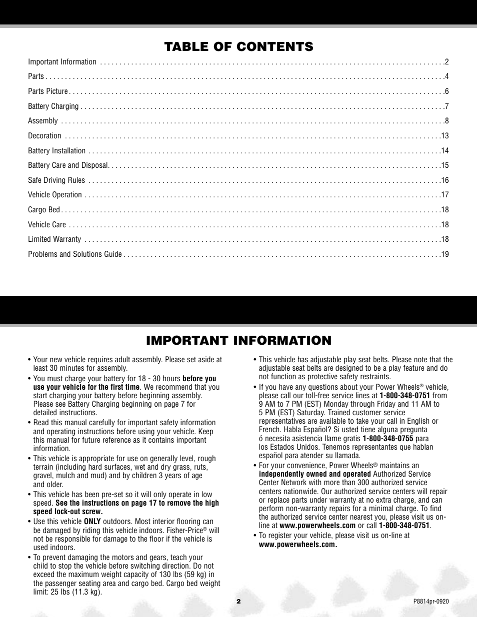 Important information table of contents | Arctic Cat MONSTER TRACTION P8814 User Manual | Page 2 / 25