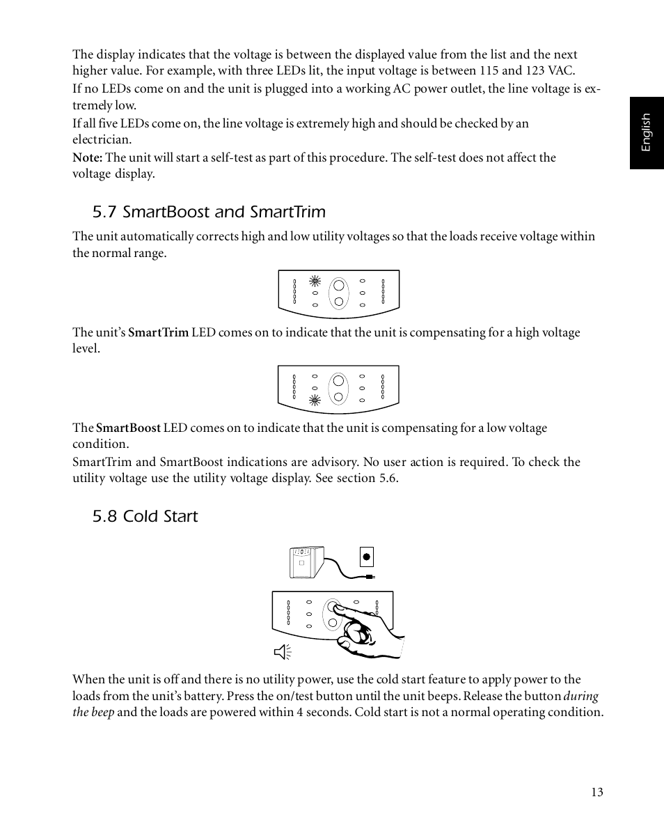 7 smartboost and smarttrim, 8 cold start | APC SMARTUPS Smart-UPS 700 User Manual | Page 17 / 60