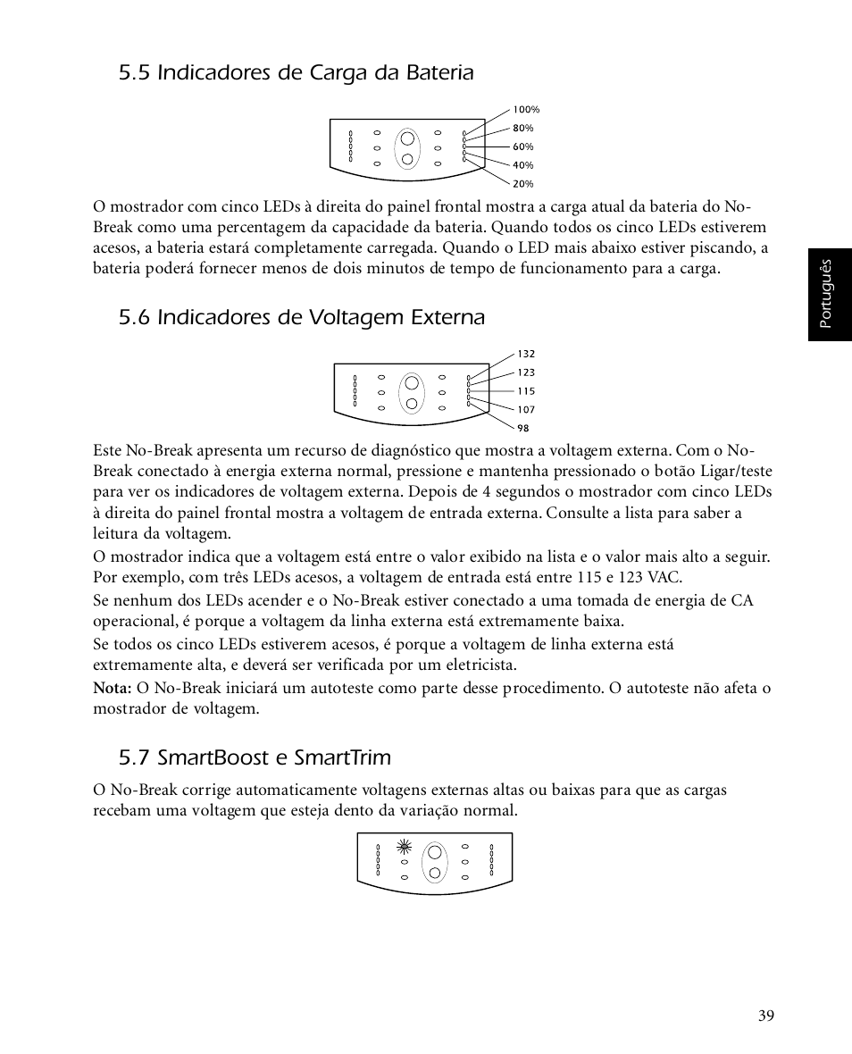 5 indicadores de carga da bateria, 6 indicadores de voltagem externa, 7 smartboost e smarttrim | APC SMARTUPS Smart-UPS 700 User Manual | Page 43 / 60