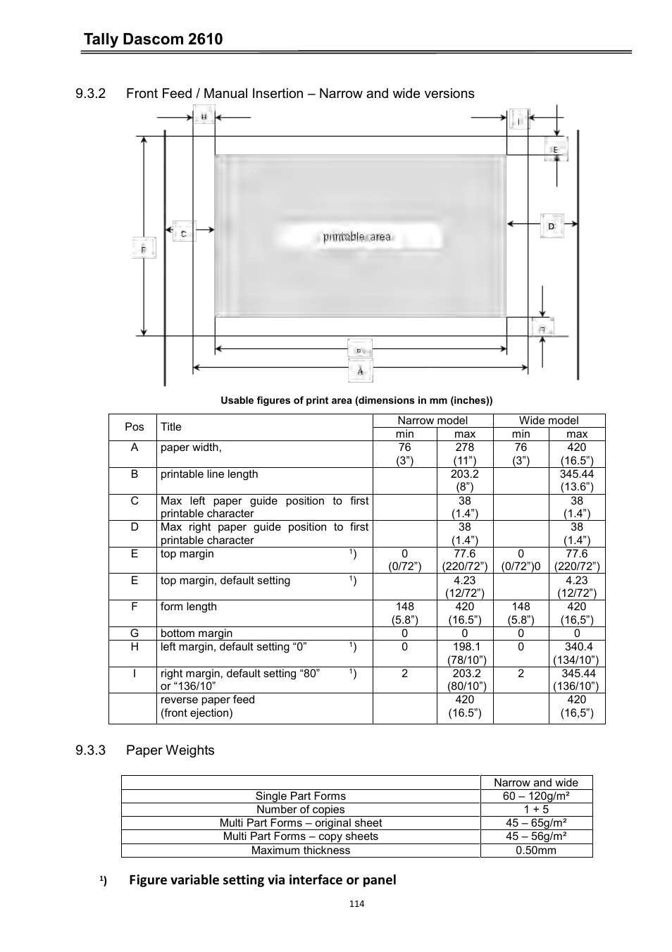 3 paper weights, Tally dascom 2610, Figure variable setting via interface or panel | Dascom 2600 User Guide User Manual | Page 127 / 133