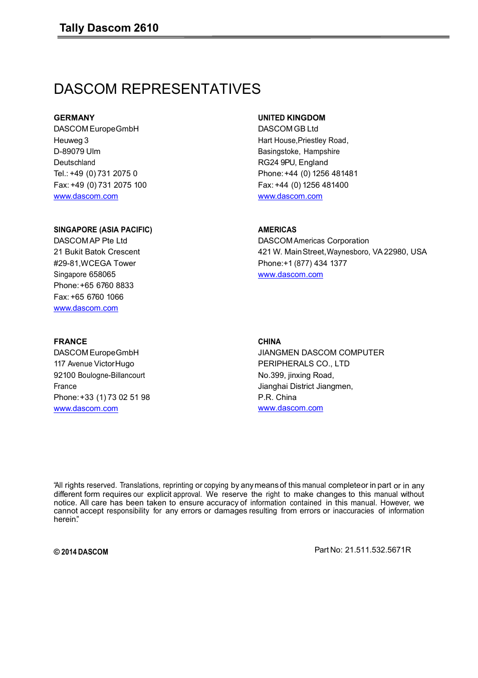Dascom representatives, Tally dascom 2610 | Dascom 2600 User Guide User Manual | Page 133 / 133
