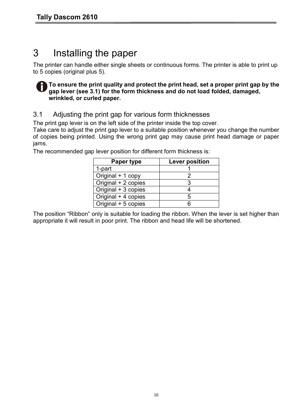 3 installing the paper, Tally dascom 2610 | Dascom 2600 User Guide User Manual | Page 23 / 133