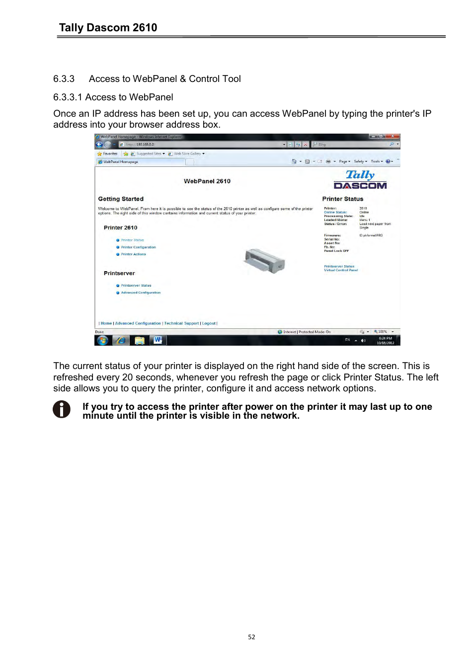 3 access to webpanel & control tool, Tally dascom 2610 | Dascom 2600 User Guide User Manual | Page 65 / 133