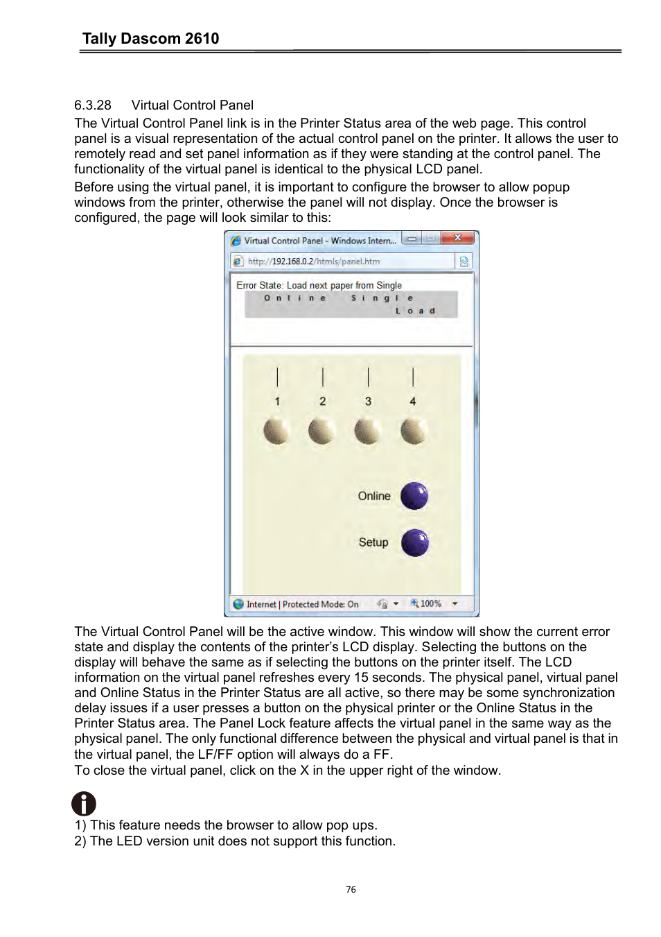 28 virtual control panel, Tally dascom 2610 | Dascom 2600 User Guide User Manual | Page 89 / 133