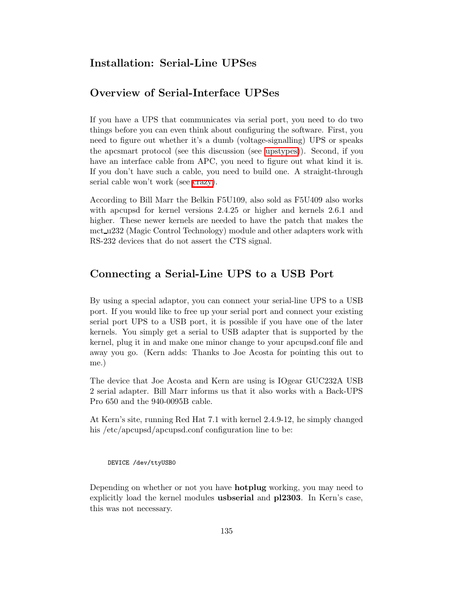 Installation: serial-line upses, Overview of serial-interface upses, Connecting a serial-line ups to a usb port | APC UPS control system User Manual | Page 136 / 233