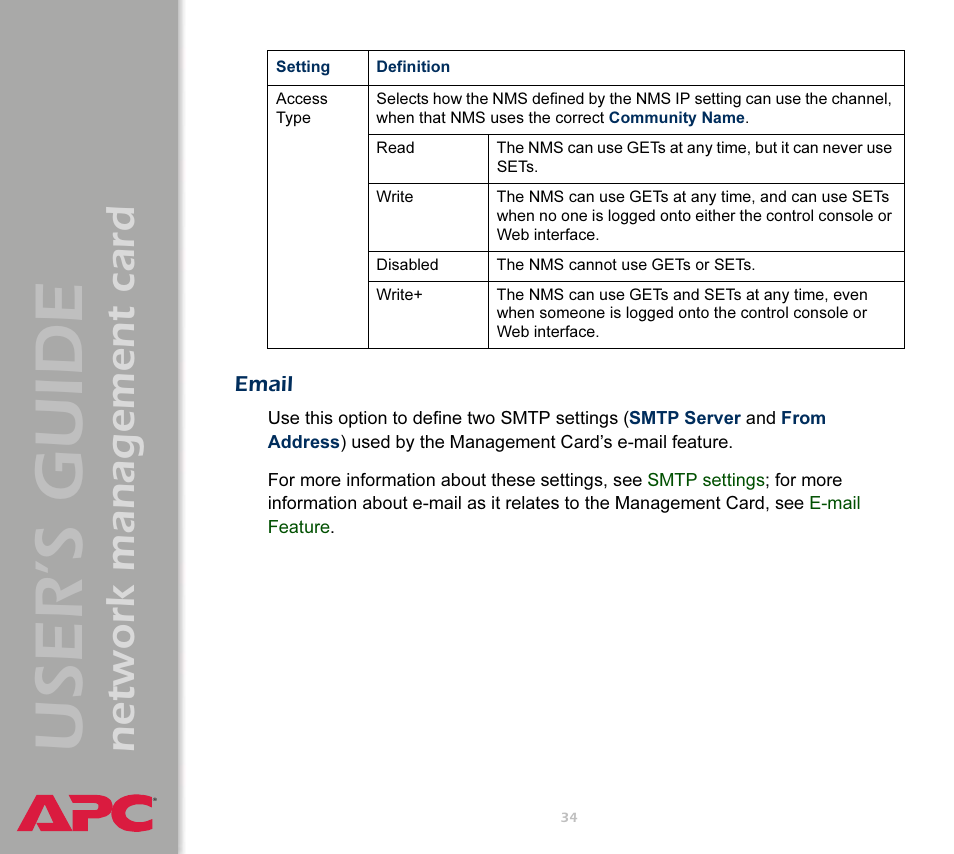 Email, User’s guide, Network management card | APC Network Management Card AP9617 User Manual | Page 36 / 104