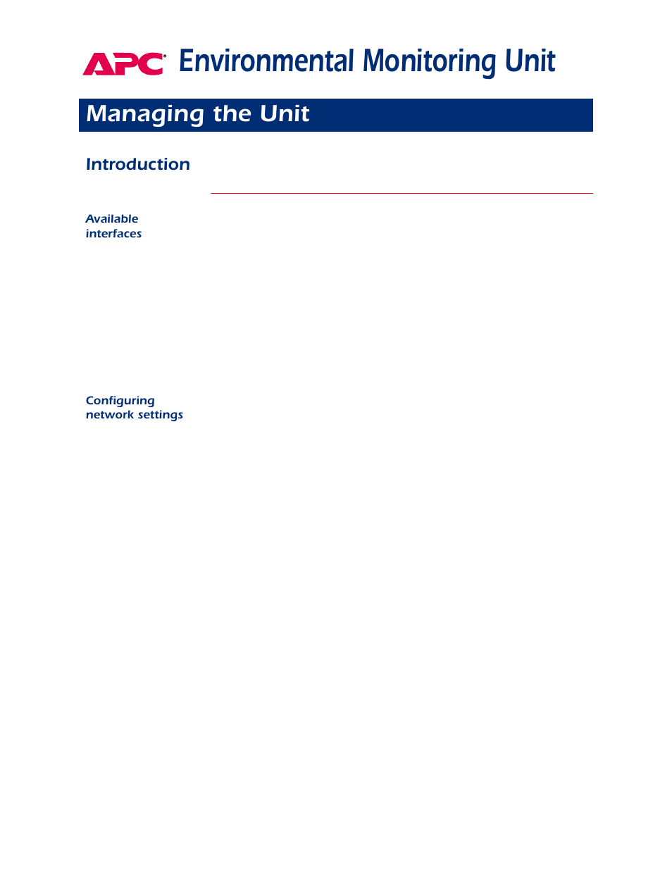 Managing the unit, Introduction, Available interfaces | Configuring network settings, Environmental monitoring unit | APC AP9312TH User Manual | Page 5 / 32