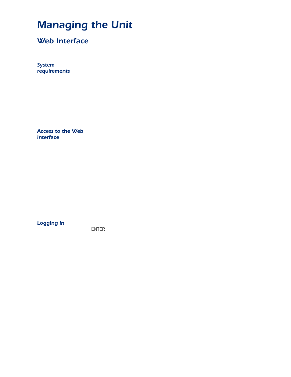 Web interface, System requirements, Access to the web interface | Logging in, Managing the unit | APC AP9312TH User Manual | Page 7 / 32