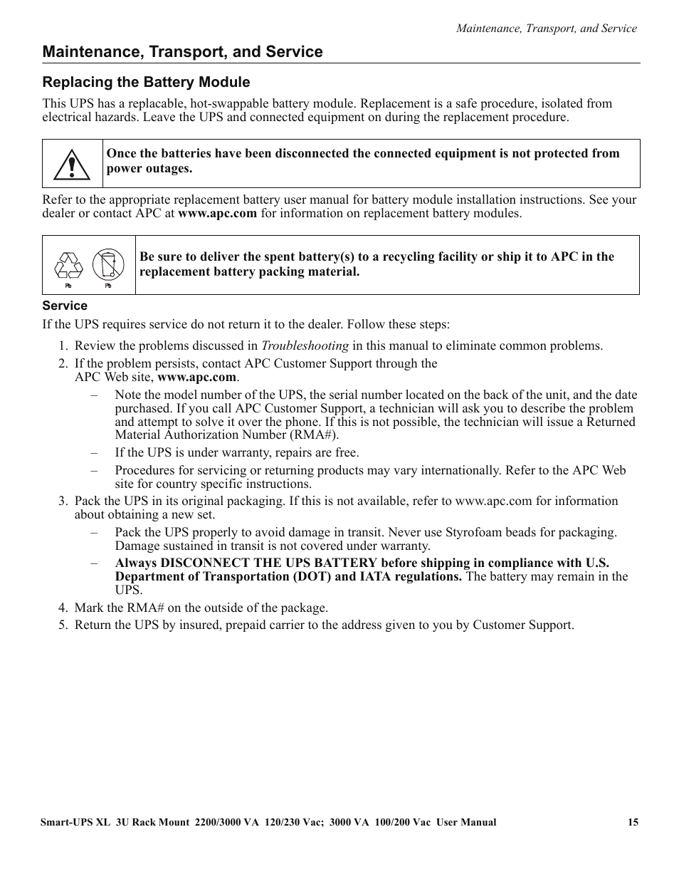 Maintenance, transport, and service | APC SMART-UPS SUA3000 User Manual | Page 15 / 22