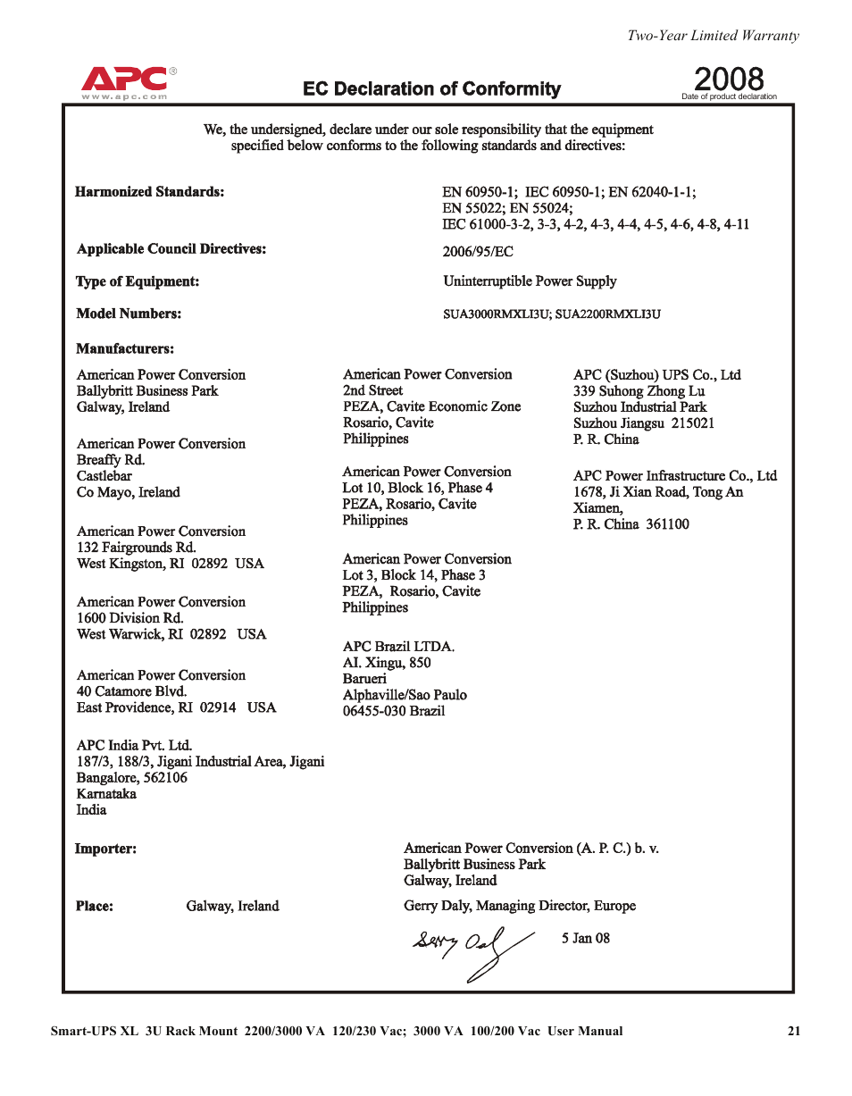Two-year limited warranty | APC SMART-UPS SUA3000 User Manual | Page 21 / 22