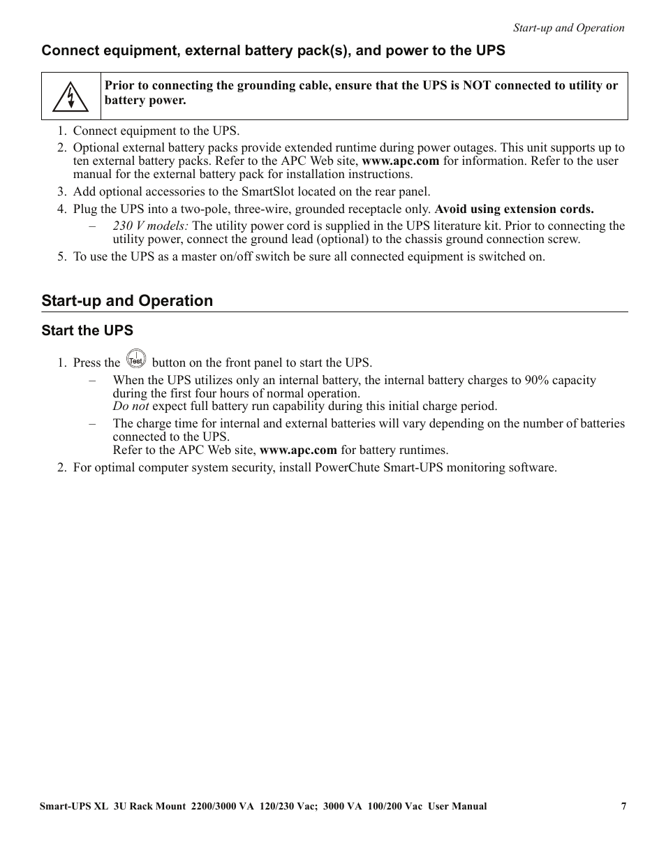 Start-up and operation | APC SMART-UPS SUA3000 User Manual | Page 7 / 22