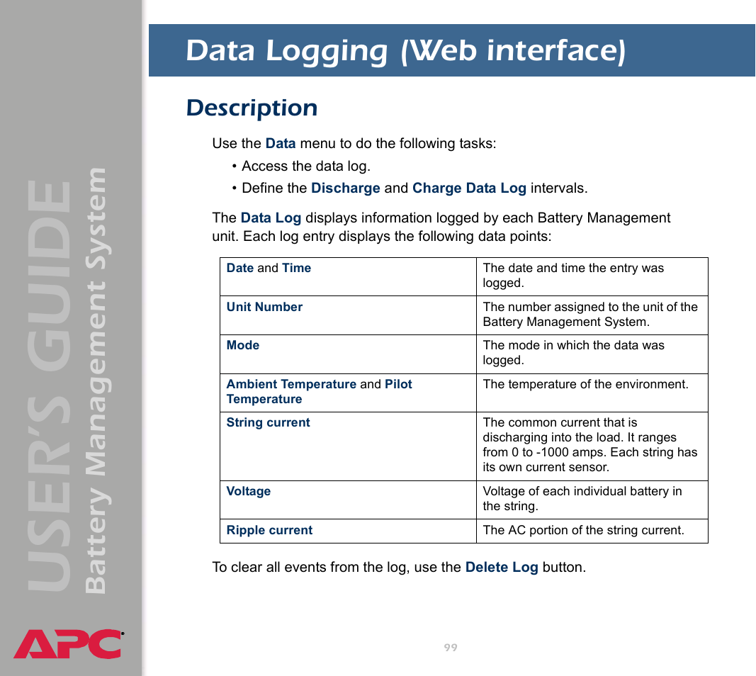 Data logging (web interface), Description, User’s guide | Battery management system | APC Battery Management System User Manual | Page 106 / 194