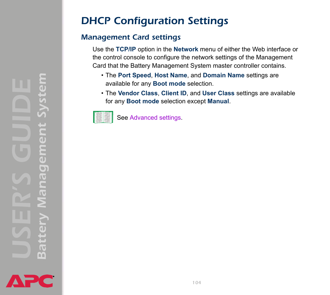 Dhcp configuration settings, Management card settings, User’s guide | Battery management system | APC Battery Management System User Manual | Page 111 / 194