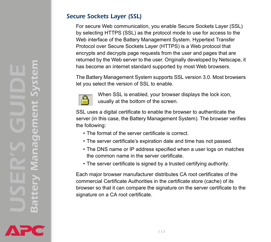 Secure sockets layer (ssl), User’s guide, Battery management system | APC Battery Management System User Manual | Page 124 / 194
