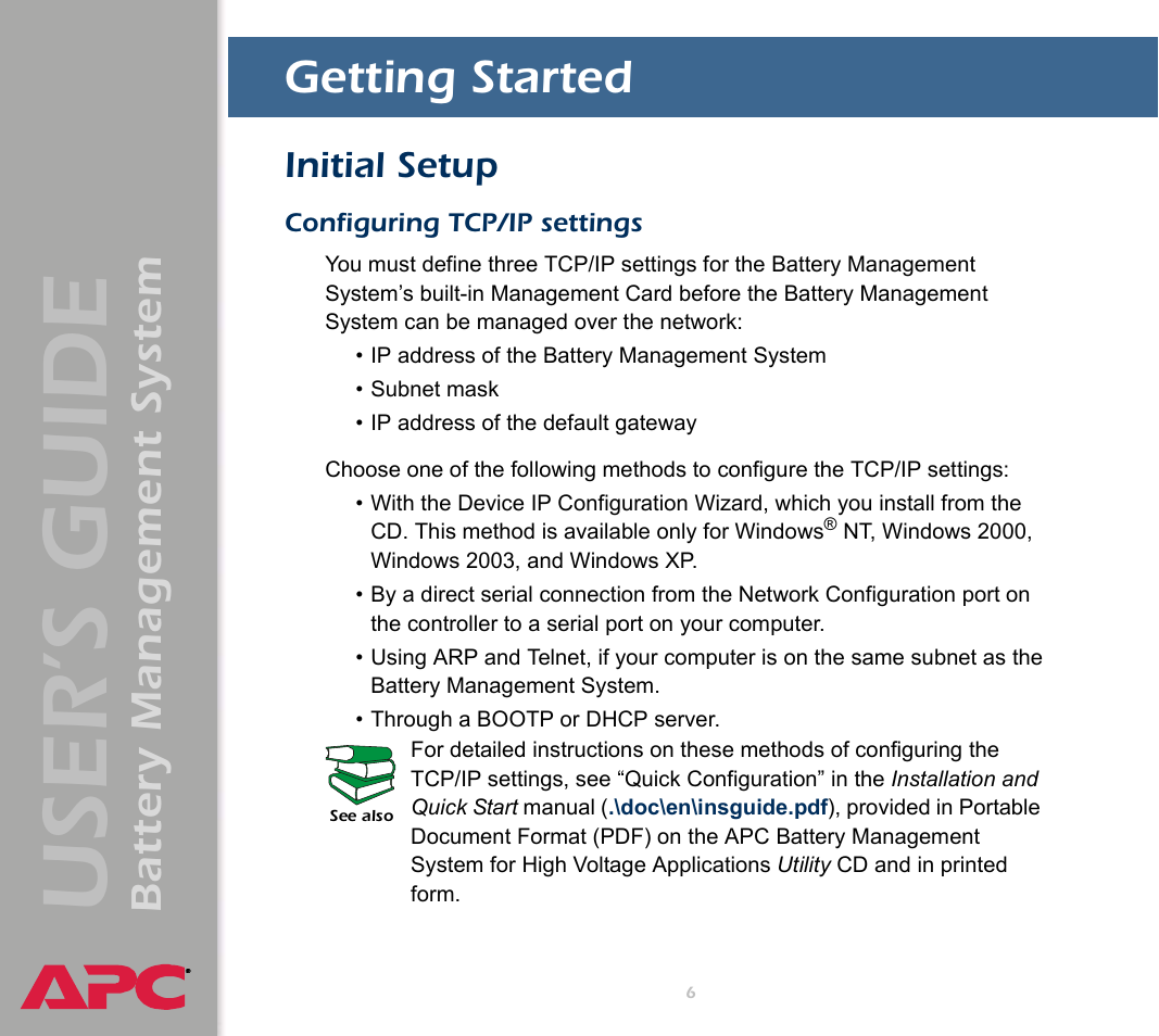 Getting started, Initial setup, Configuring tcp/ip settings | User’s guide, Battery management system | APC Battery Management System User Manual | Page 13 / 194
