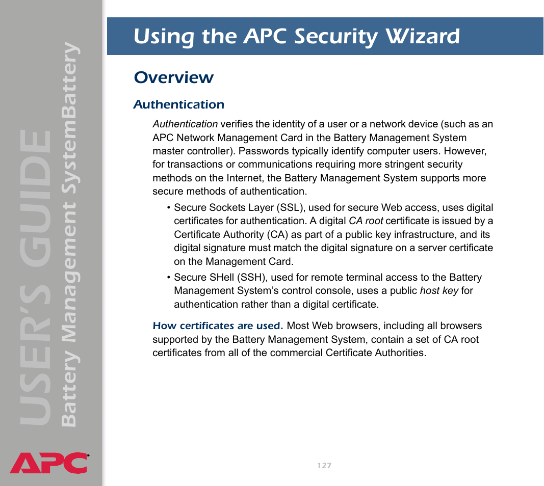 Using the apc security wizard, Overview, Authentication | Using the, Apc security wizard, User’s guide, Battery management systembattery | APC Battery Management System User Manual | Page 134 / 194