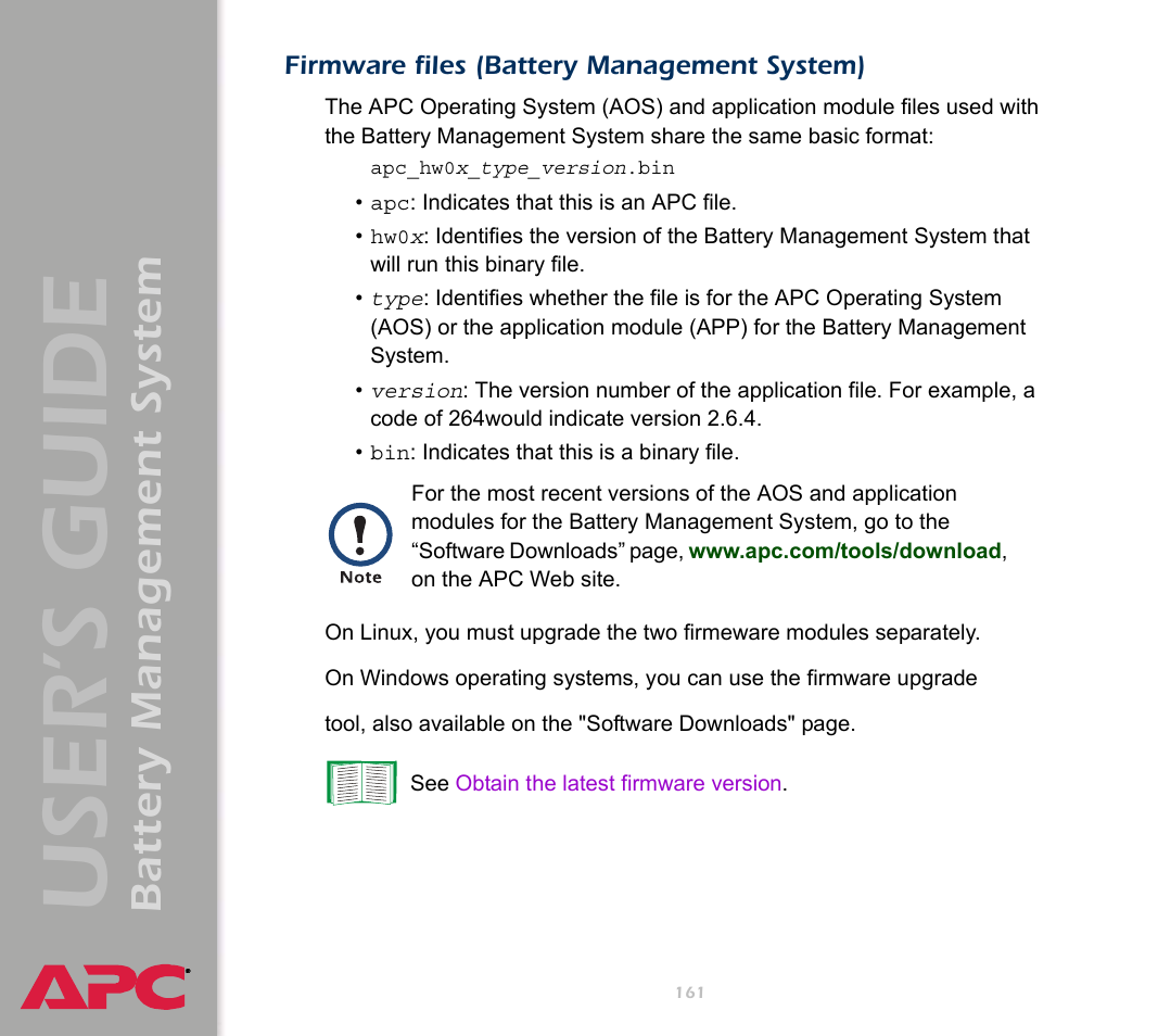 Firmware files (battery management system), User’s guide, Battery management system | APC Battery Management System User Manual | Page 168 / 194
