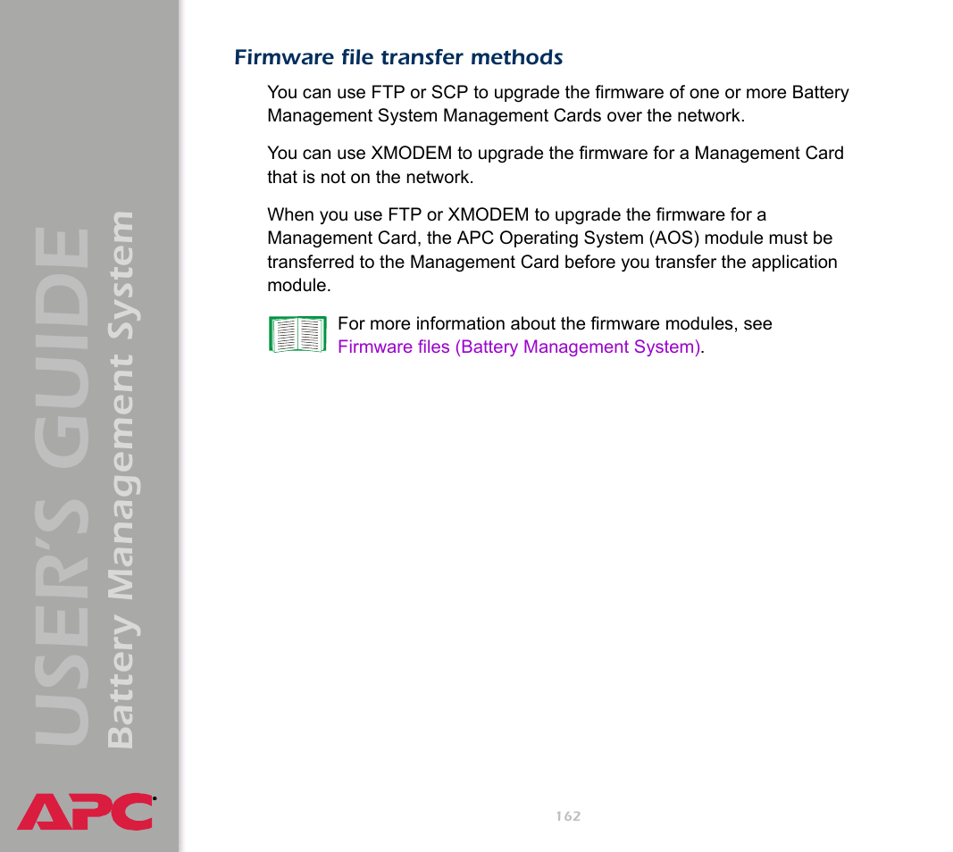 Firmware file transfer methods, User’s guide, Battery management system | APC Battery Management System User Manual | Page 169 / 194