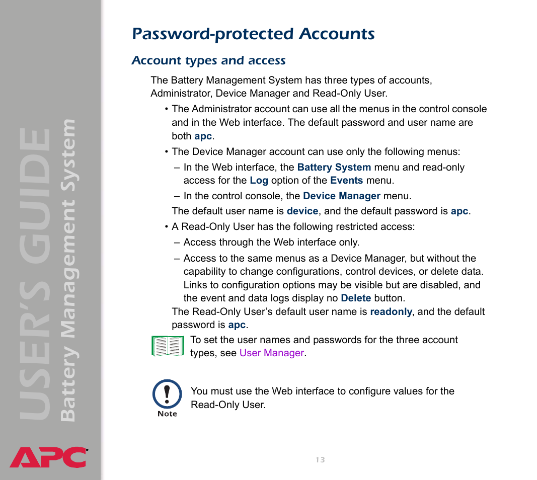 Password-protected accounts, Account types and access, User’s guide | Battery management system | APC Battery Management System User Manual | Page 20 / 194