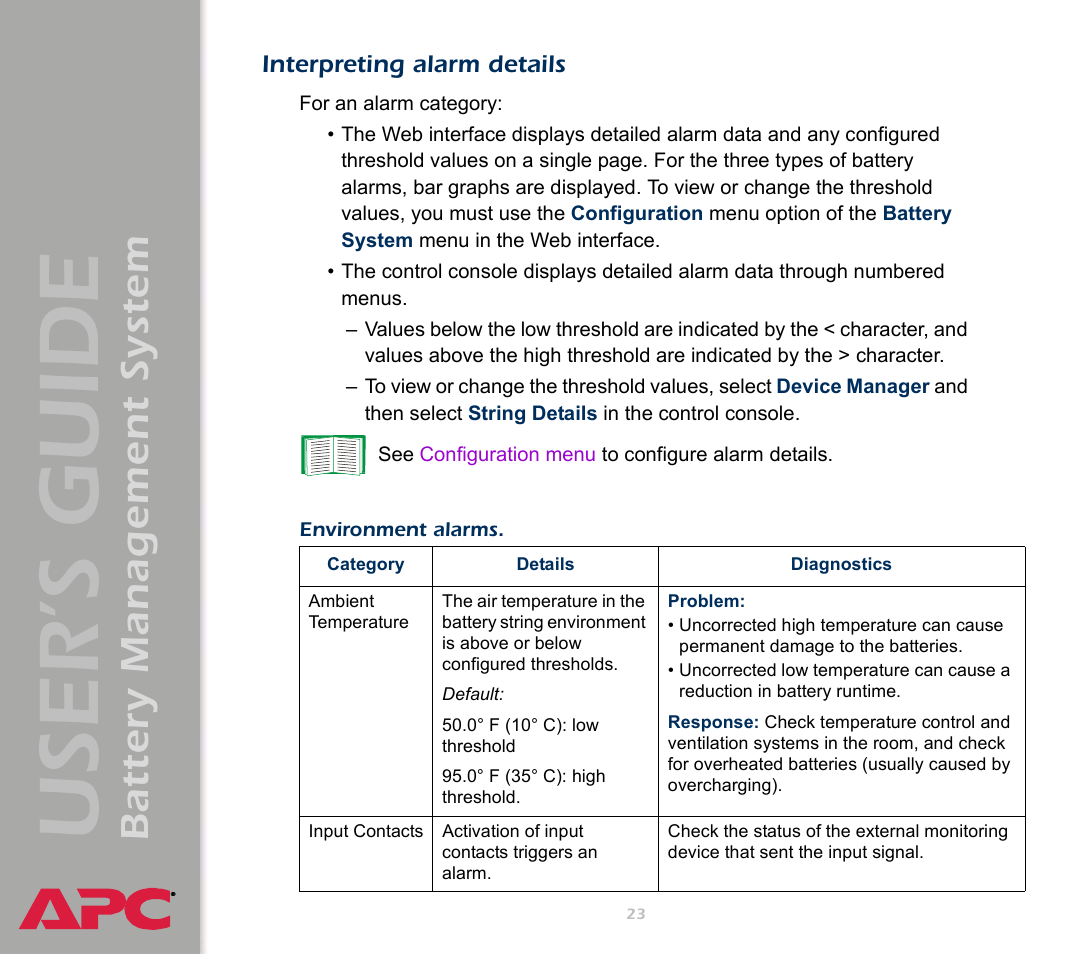 Interpreting alarm details, User’s guide, Battery management system | APC Battery Management System User Manual | Page 30 / 194