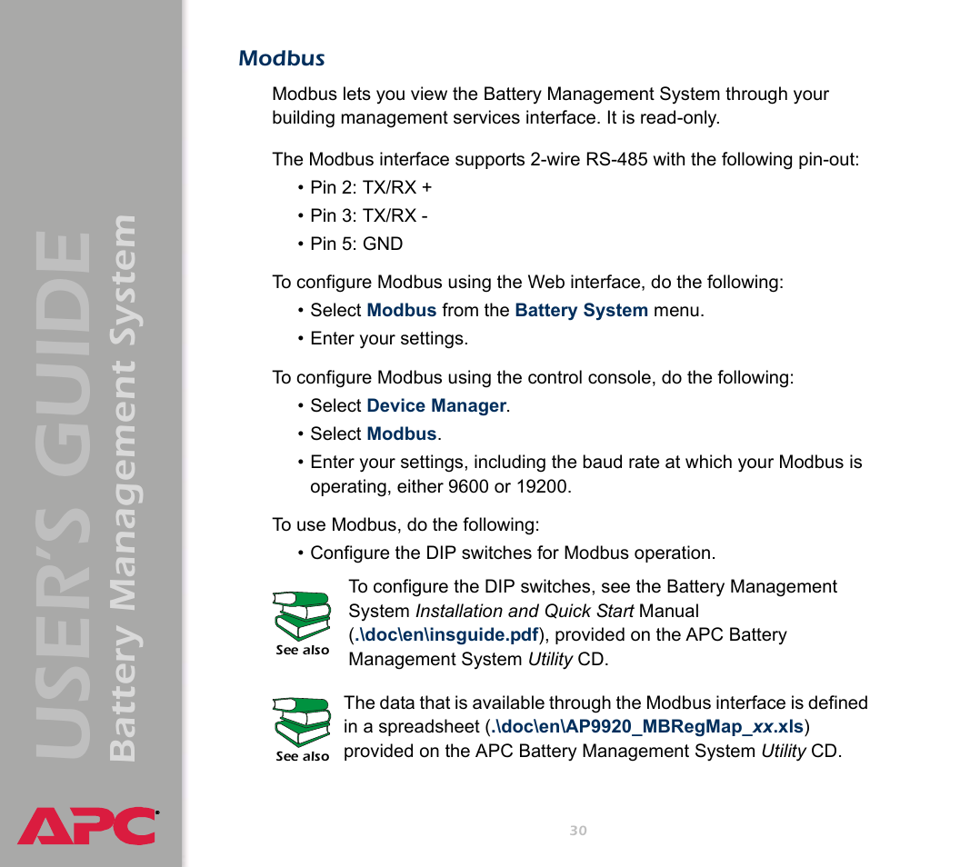 Modbus, User’s guide, Battery management system | APC Battery Management System User Manual | Page 37 / 194