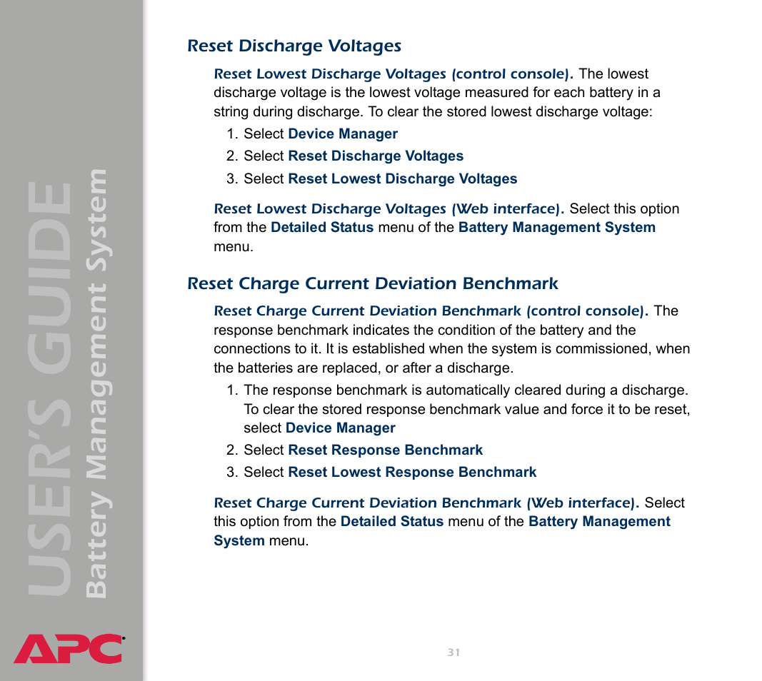 Reset discharge voltages, Reset charge current deviation benchmark, User’s guide | Battery management system | APC Battery Management System User Manual | Page 38 / 194