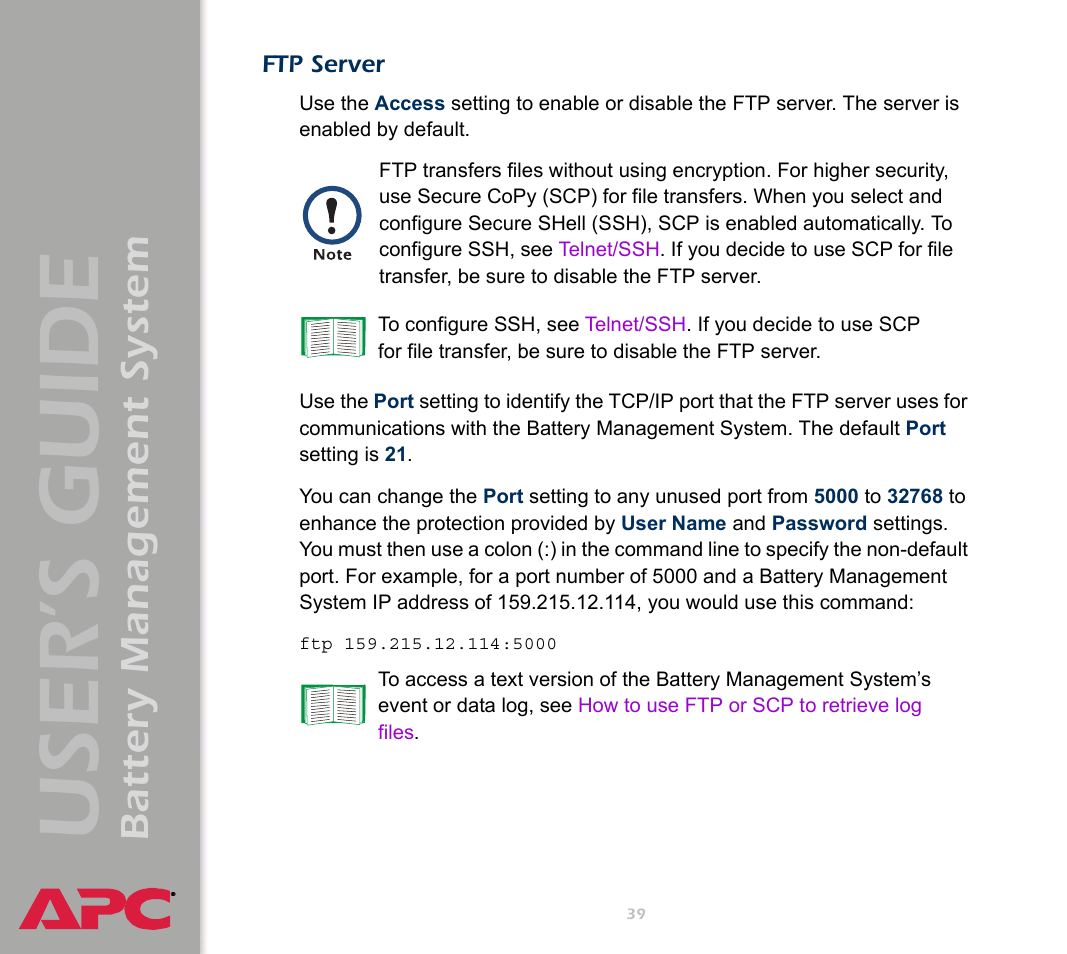 Ftp server, User’s guide, Battery management system | APC Battery Management System User Manual | Page 46 / 194