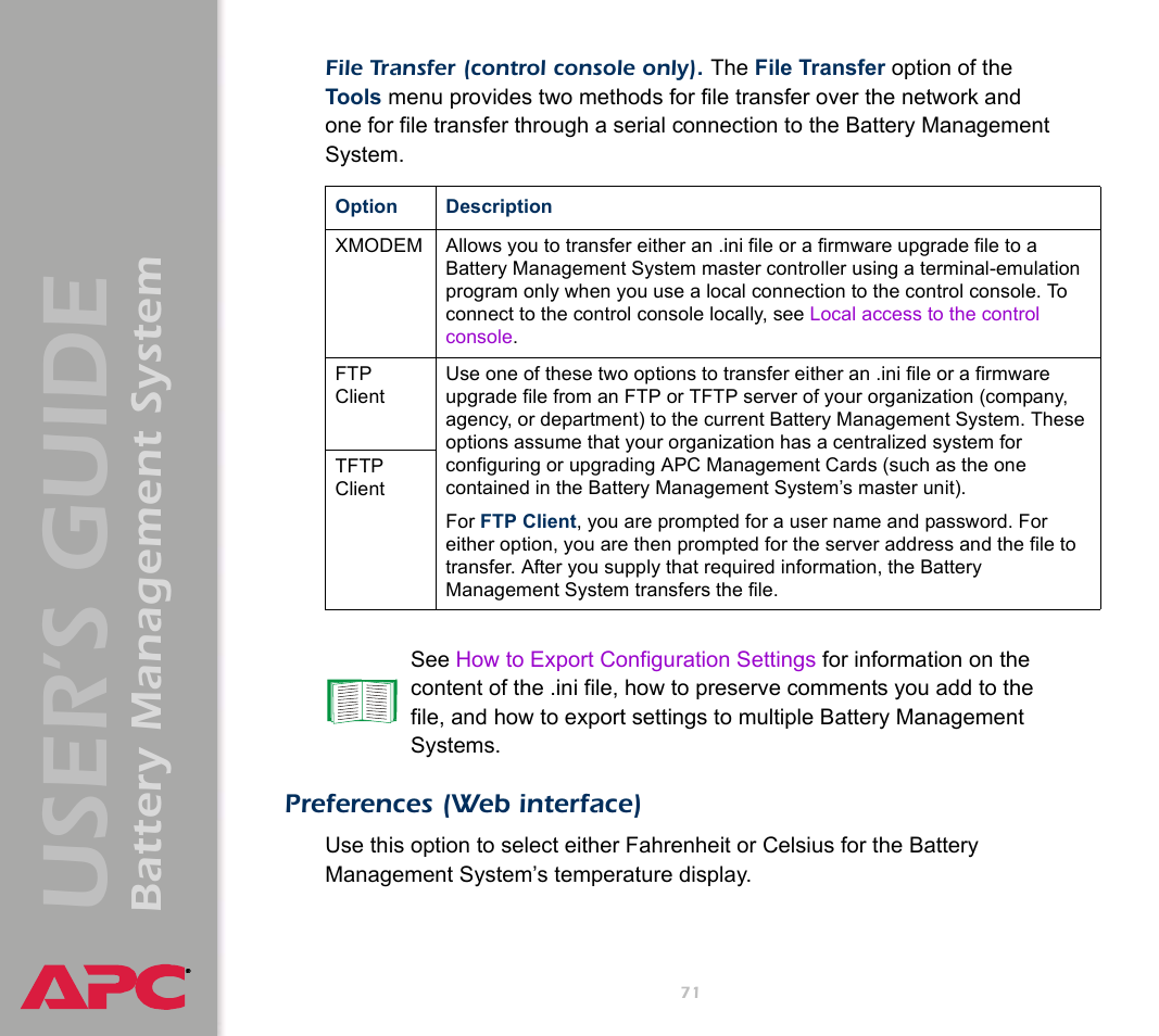 Preferences (web interface), User’s guide, Battery management system | APC Battery Management System User Manual | Page 78 / 194