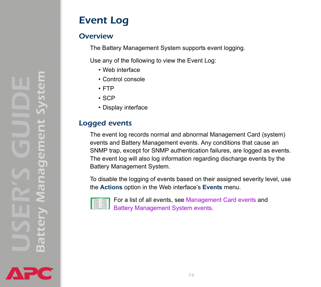 Event log, Overview, Logged events | User’s guide, Battery management system | APC Battery Management System User Manual | Page 83 / 194