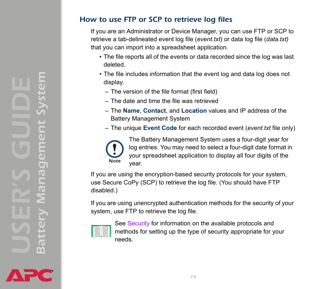 How to use ftp or scp to retrieve log files, How to use ftp or scp to retrieve log, Files | User’s guide, Battery management system | APC Battery Management System User Manual | Page 85 / 194
