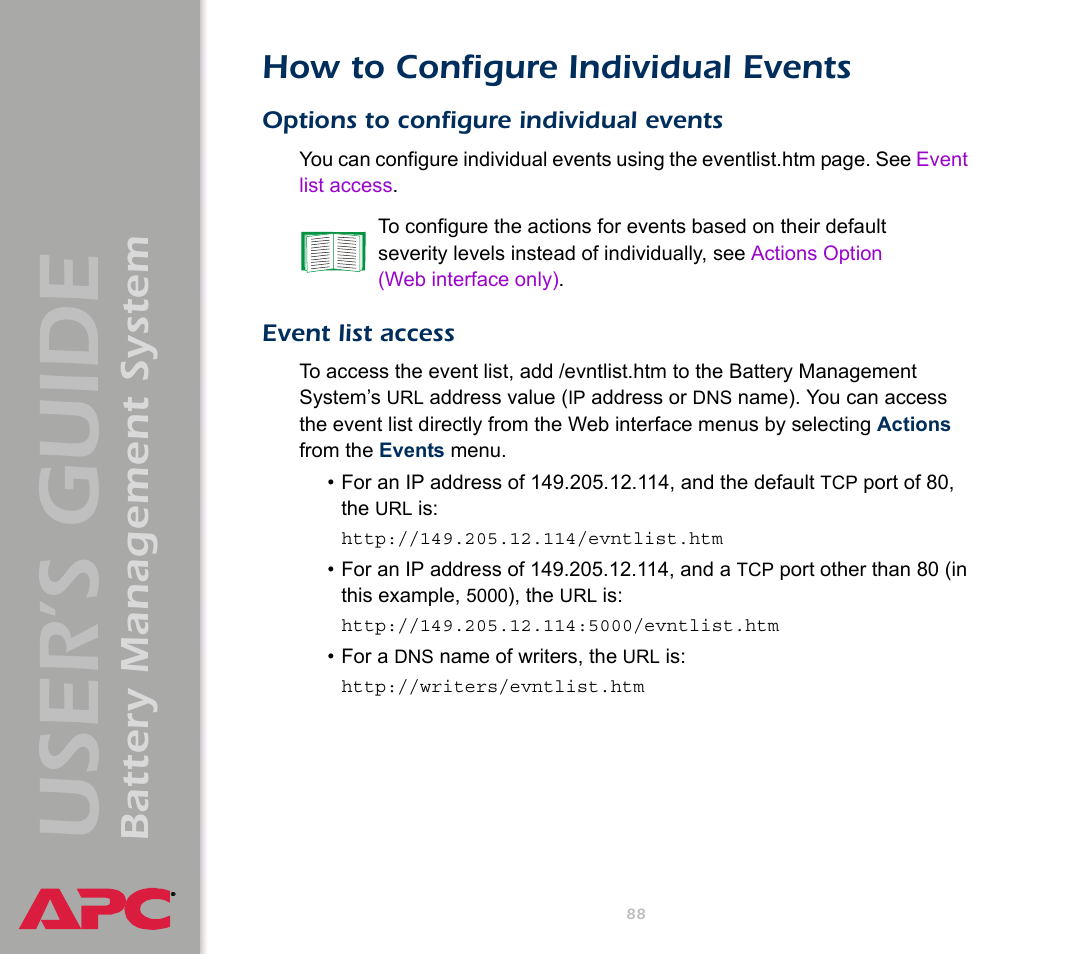 How to configure individual events, Options to configure individual events, Event list access | User’s guide, Battery management system | APC Battery Management System User Manual | Page 95 / 194