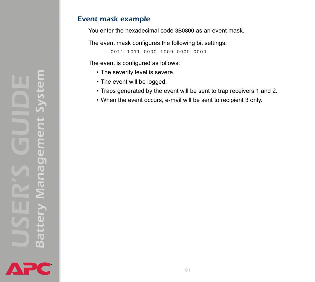 Event mask example, User’s guide, Battery management system | APC Battery Management System User Manual | Page 98 / 194