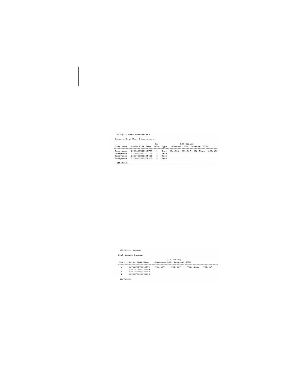 1 monitoring user logins, Figure 3-47 user login messages, Figure 3-48 user connections screen | 2 zoning (anonymous access), Figure 3-49 current zoning configuration screen, Monitoring user logins, Zoning (anonymous access) | APC SGI 15000 RAID User Manual | Page 87 / 152